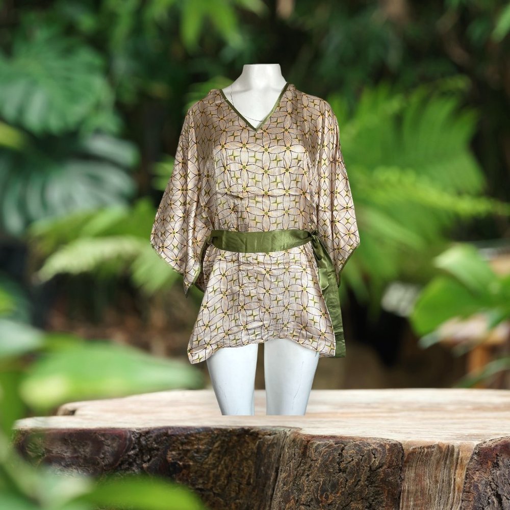 Women's Lynn Lugo Kimono Gold & Green self tie Belt 100% Silk Made in USA